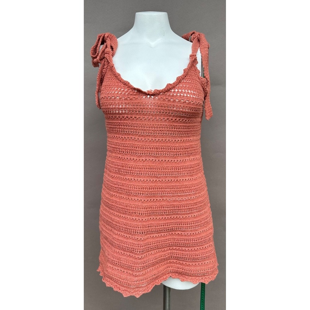 Boho Crochet Knit Scalloped Hem Tie Strap Sleeveless Dress Festival Beach Hippie